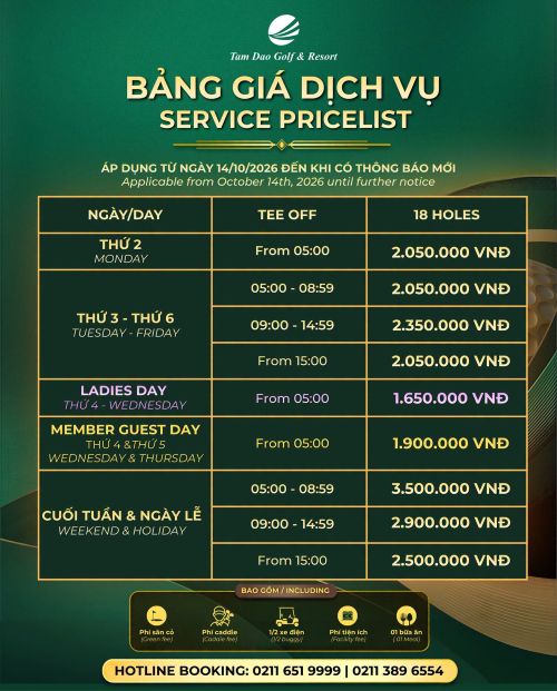 THÔNG BÁO GIÁ DỊCH VỤ GOLF TẠI TAM DAO GOLF & RESORT ÁP DỤNG TỪ 14/10/2026 
