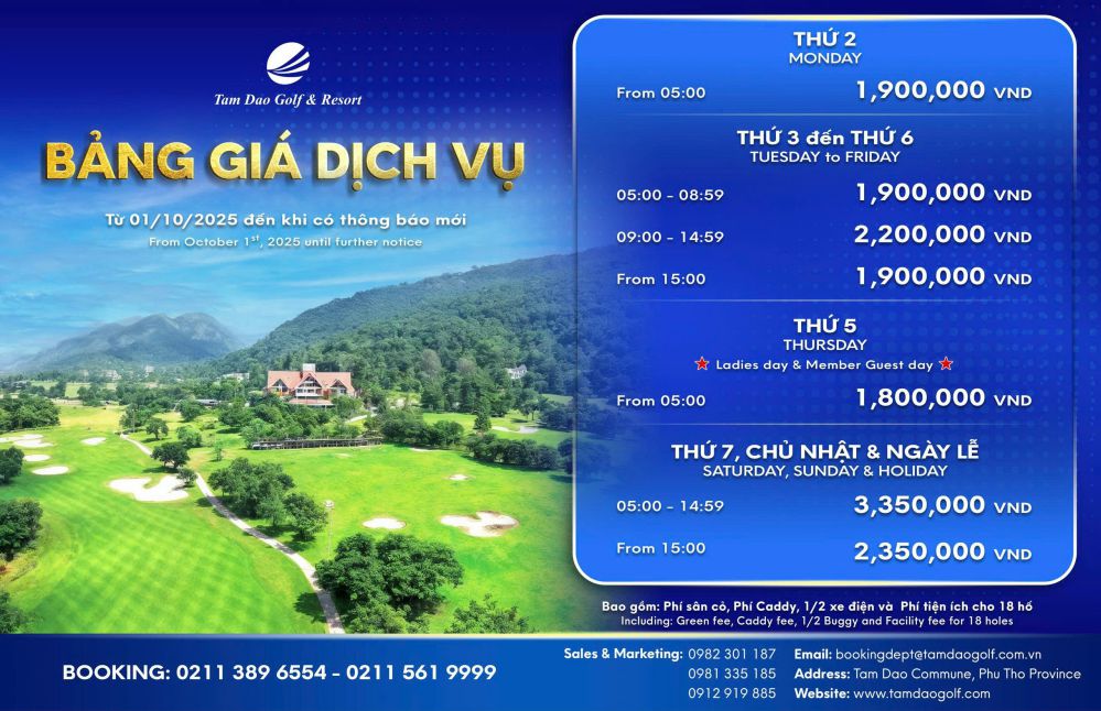 BẢNG GIÁ DỊCH VỤ SÂN GOLF TAM ĐẢO - ÁP DỤNG TỪ 01/10/2025