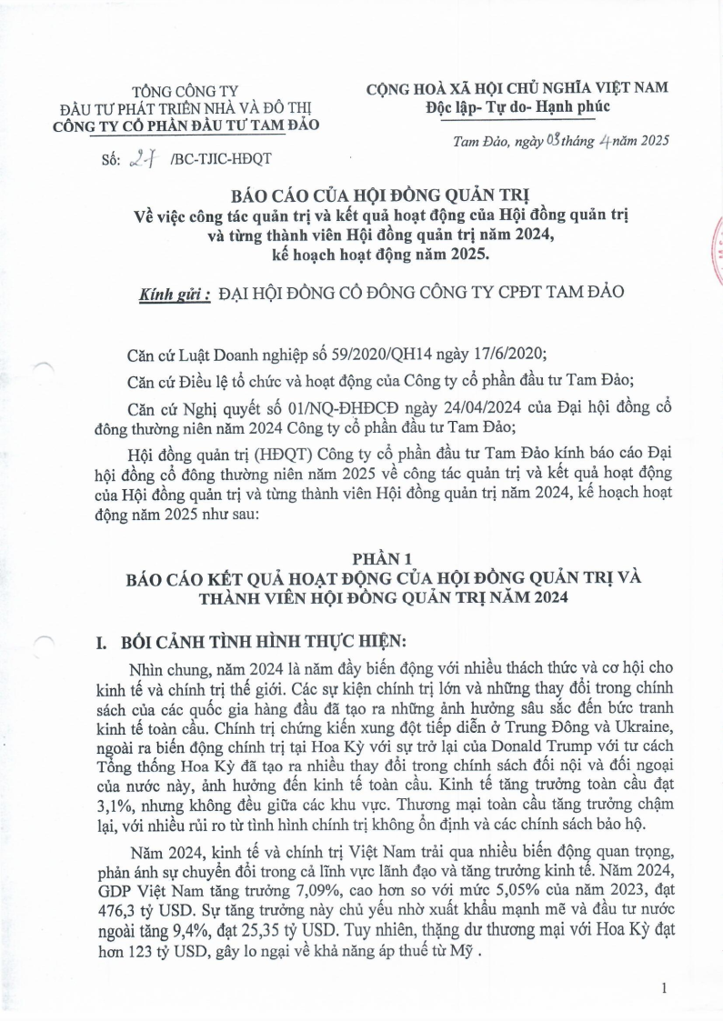 Báo Cáo của HĐQT về công tác quản trị và kết quả hoạt động năm 2024 và kế hoạch năm 2025