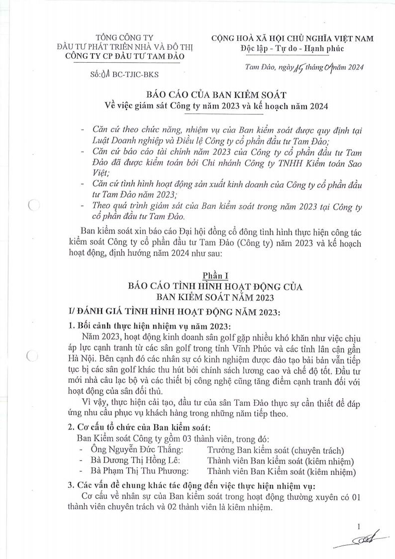 Báo cáo đánh giá kết quả hoạt động năm 2023 của Ban Kiểm Soát