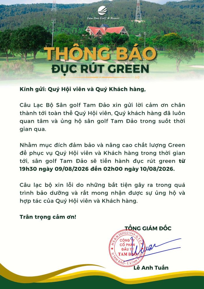 THÔNG BÁO LỊCH BẢO DƯỠNG ĐỤC RÚT GREEN