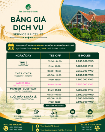 THÔNG BÁO GIÁ DỊCH VỤ GOLF TẠI TAM DAO GOLF & RESORT ÁP DỤNG TỪ 01/08/2026 