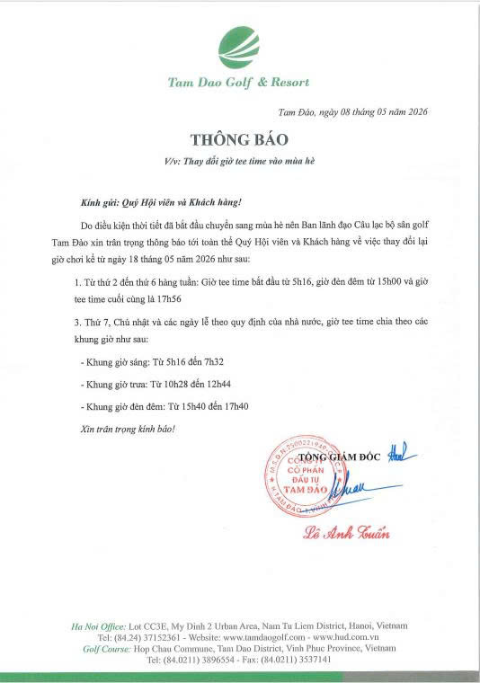 THÔNG BÁO THAY ĐỔI GIỜ TEETIME VÀO MÙA HÈ 2026