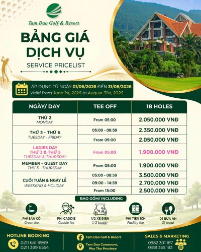THÔNG BÁO GIÁ DỊCH VỤ GOLF TẠI TAM DAO GOLF & RESORT ÁP DỤNG TỪ 01/06/2026 ĐẾN 31/08/2026
